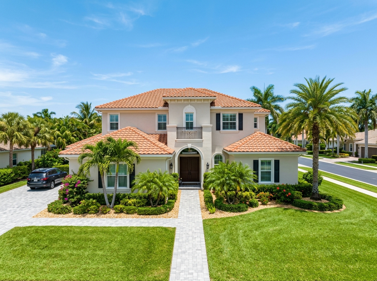 Clean Florida stucco house after soft washing