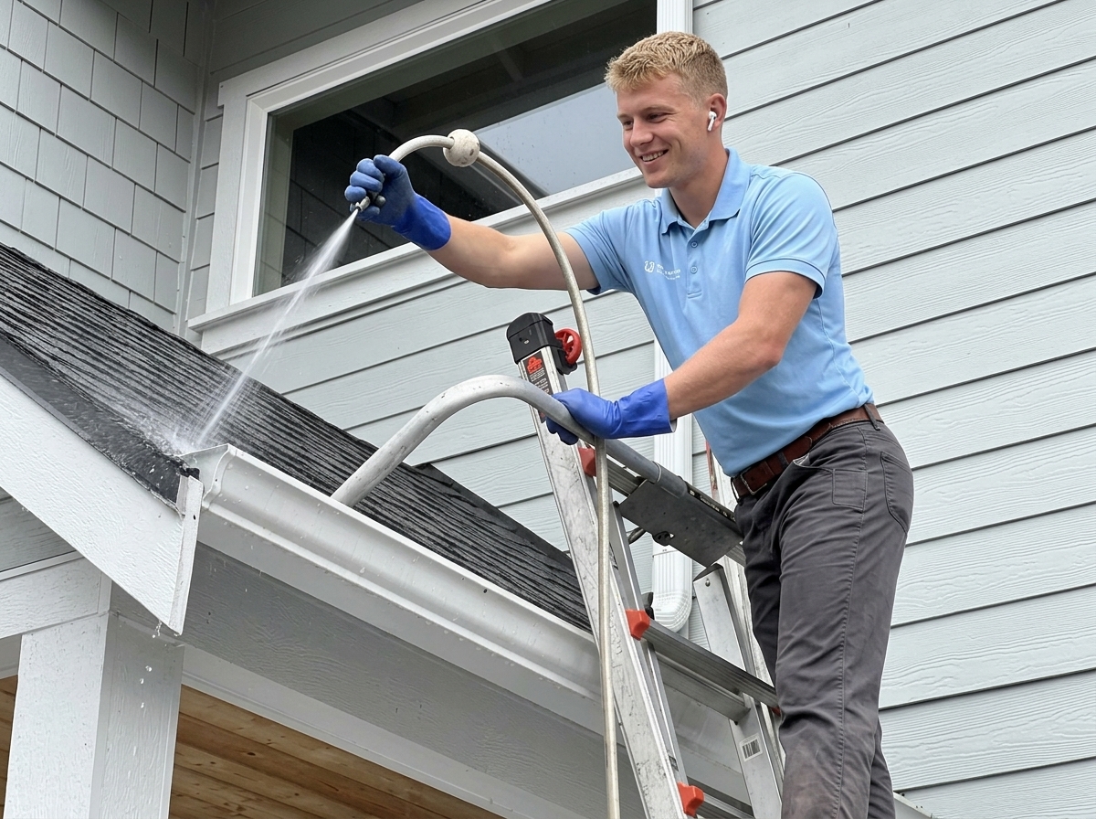 Cleaning leaves out of residential gutter
