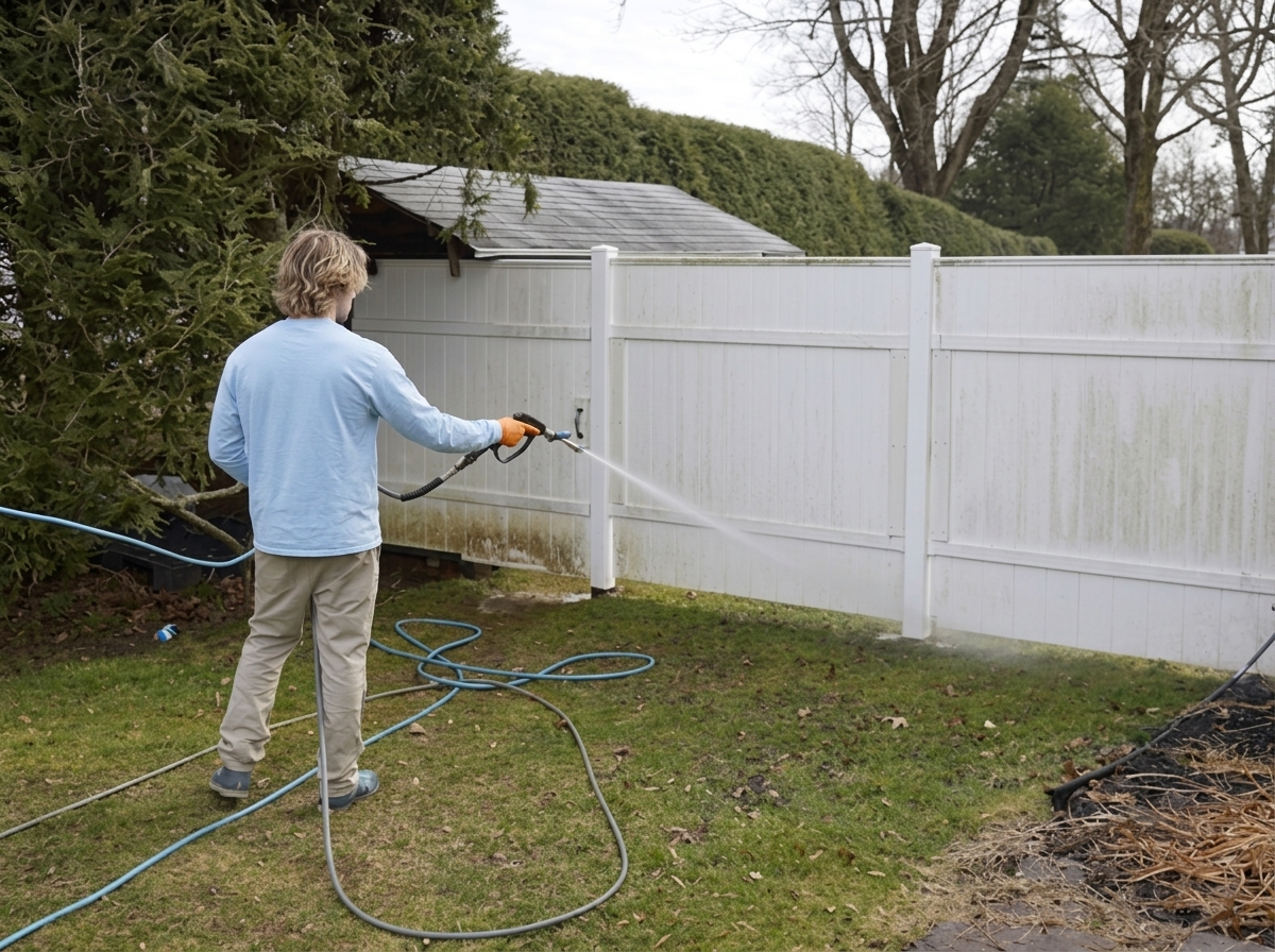 Technician cleaning vinyl fence
